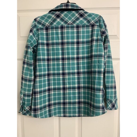 Orvis Teal Flannel Plaid Fleece Lined Shacket Size M Snap Front - Picture 3 of 9